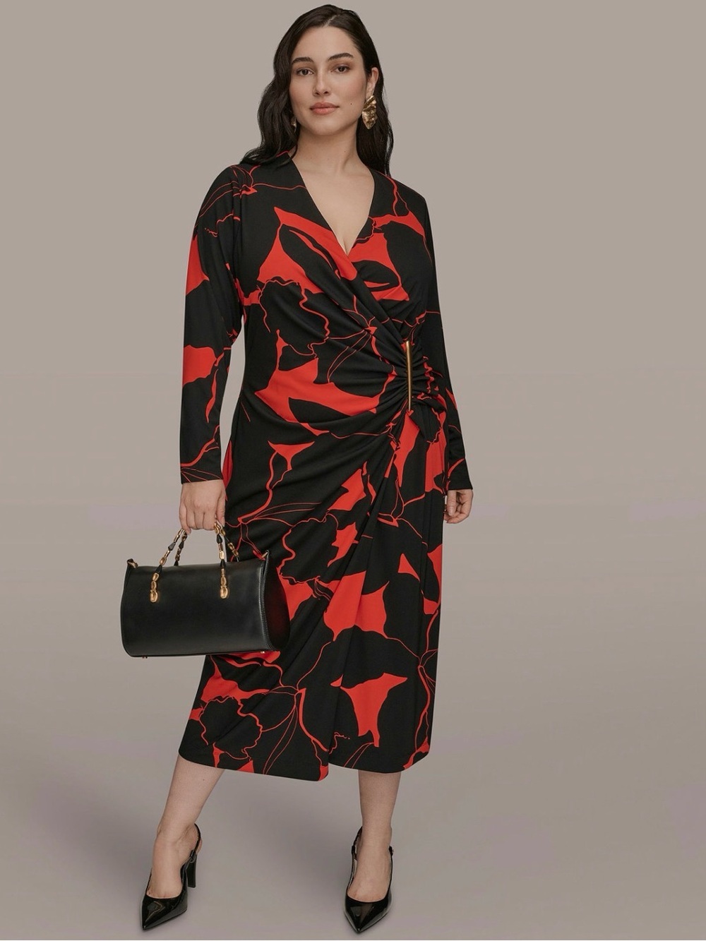 NWT Donna Karan Plus Size Printed Faux Wrap Dress. 18WIDE. Black/Red Multi. $149